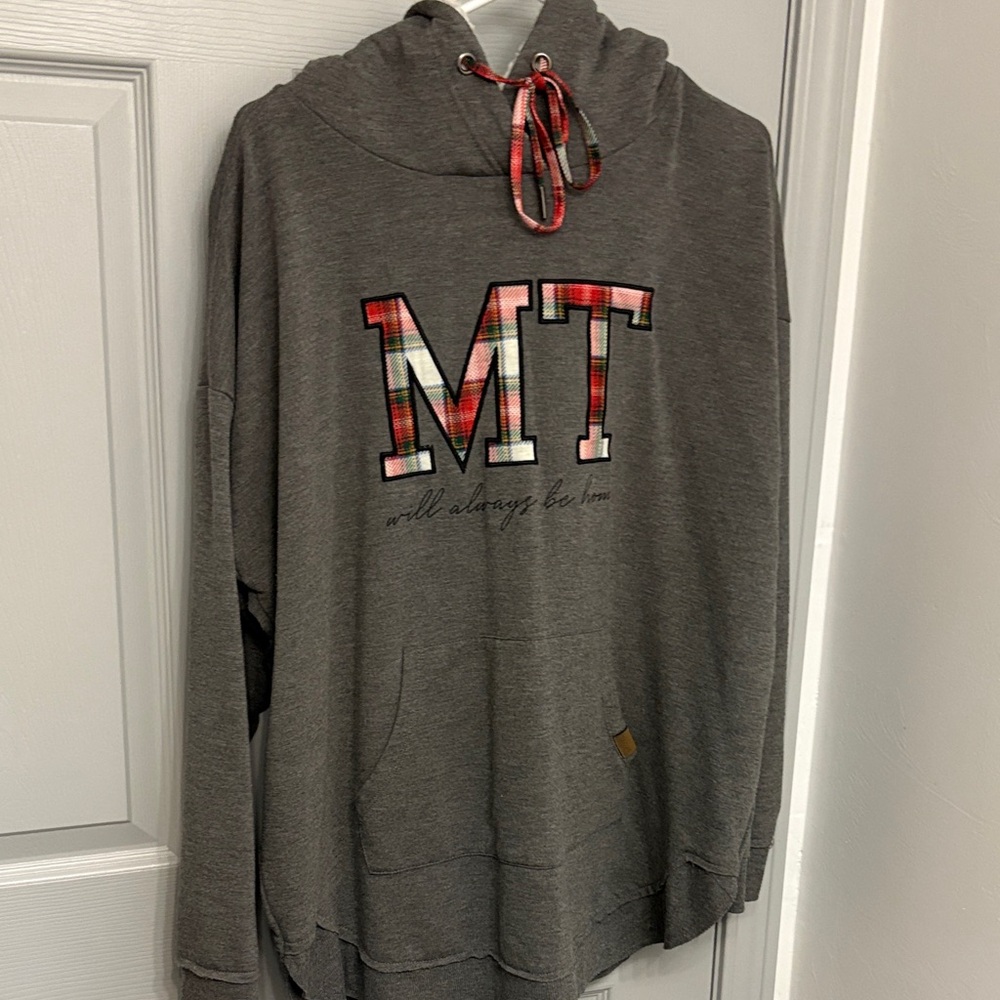 Maurices Charcoal Hoodie with Red Plaid Details